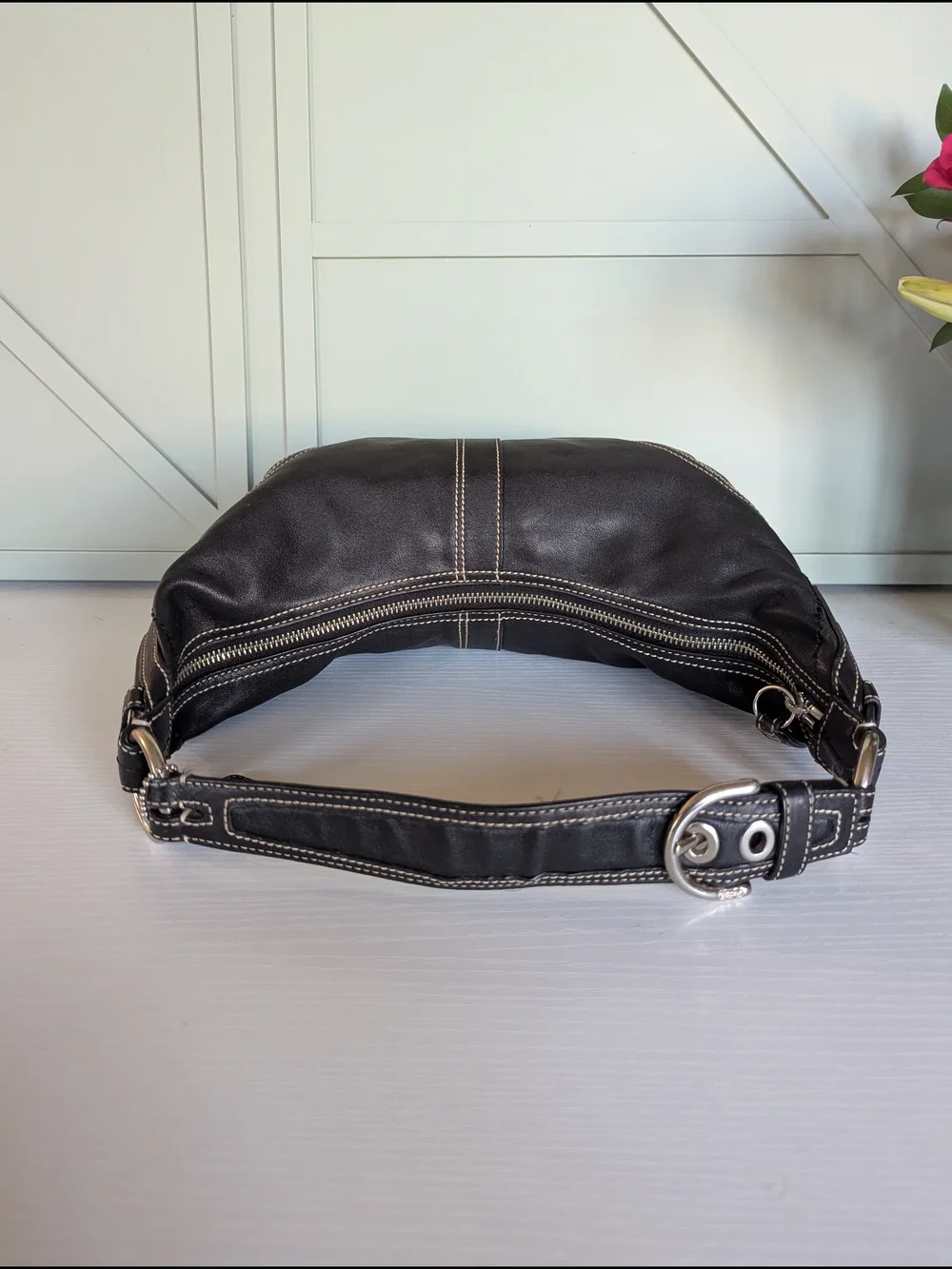 Coach Black Leather Hobo with Contrast White Stitching